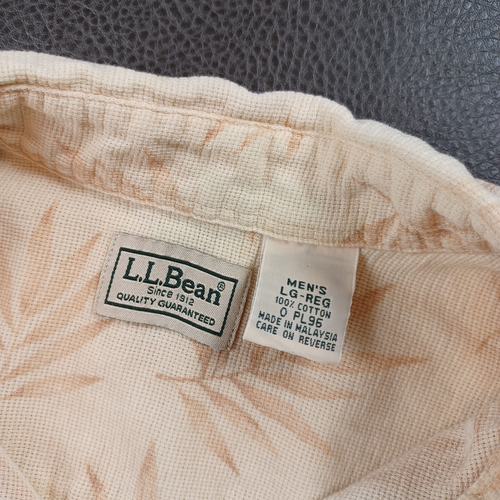LL Bean Large Shirt Camp Hawaiian Leaves Cotton Vacation Mens Beige Pockets - Bild 3 von 7