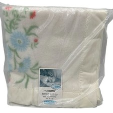 Vintage Baby Chatham Fleurettes Blanket Satin Trim Cream Pink Blue Floral NEW