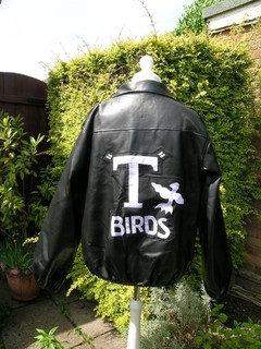 Faux black leather bomber jacket Grease T birds fancy dress theatre BNWOT Mens L
