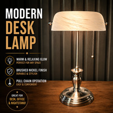 Modern Brushed Nickel Bankers Desk Lamp Frosted Glass Shade Pull Chain Light