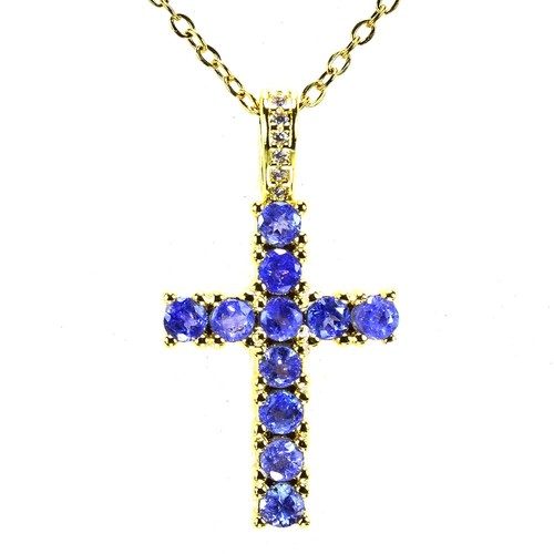 REAL BLUE TANZANITE & CZ STERLING 925 SILVER CROSS PENDANT WITH NECKLACE 16-17" - 第 5/8 張圖片