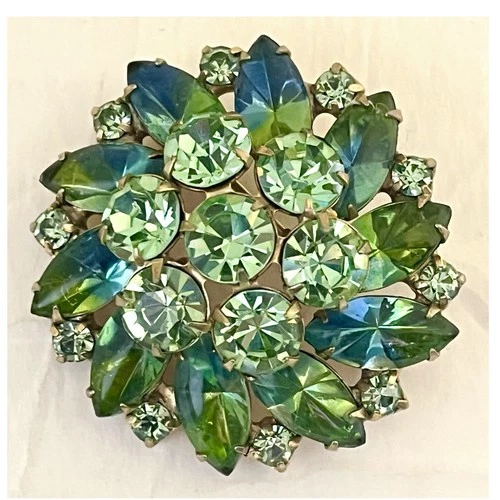 Vintage WEISS Brooch Rhinestones Givre Stones 1960s Costume Jewelry Blue Green
