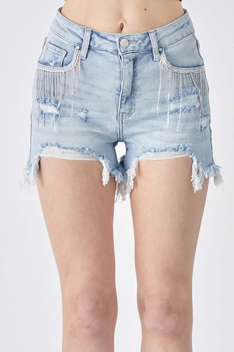 RISEN Frayed Hem Denim Shorts with Fringe Detail Pockets - Picture 3 of 8