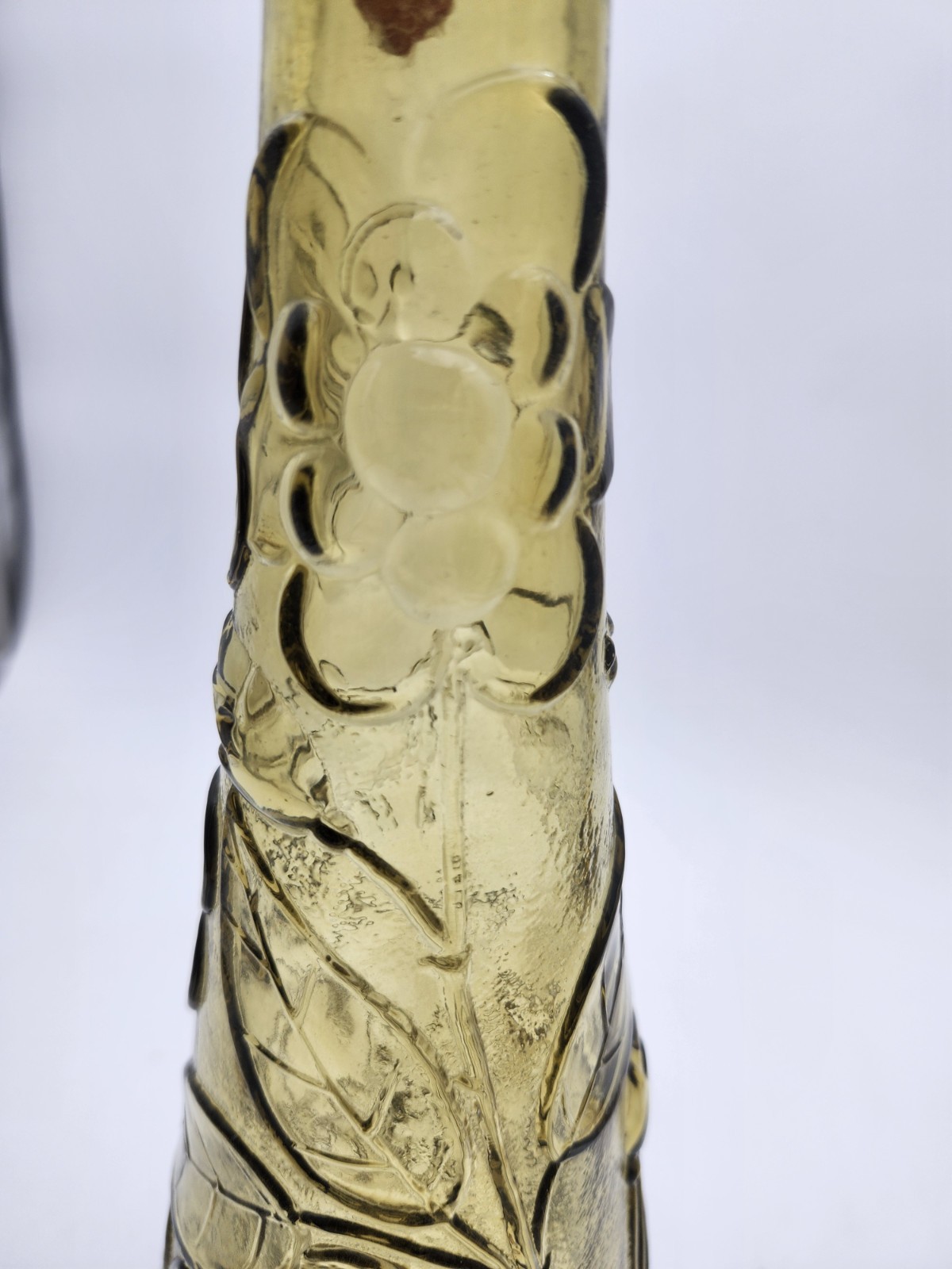 Vtg 22.75" Avocado Green Empoli Butterfly Floral Art Glass Bottle & Stopper MCM 