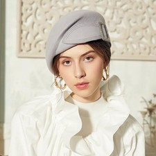 Gray Wool Felt Beret Fascinator Hats For Women Lady Tea Party Dress Hat With Bow