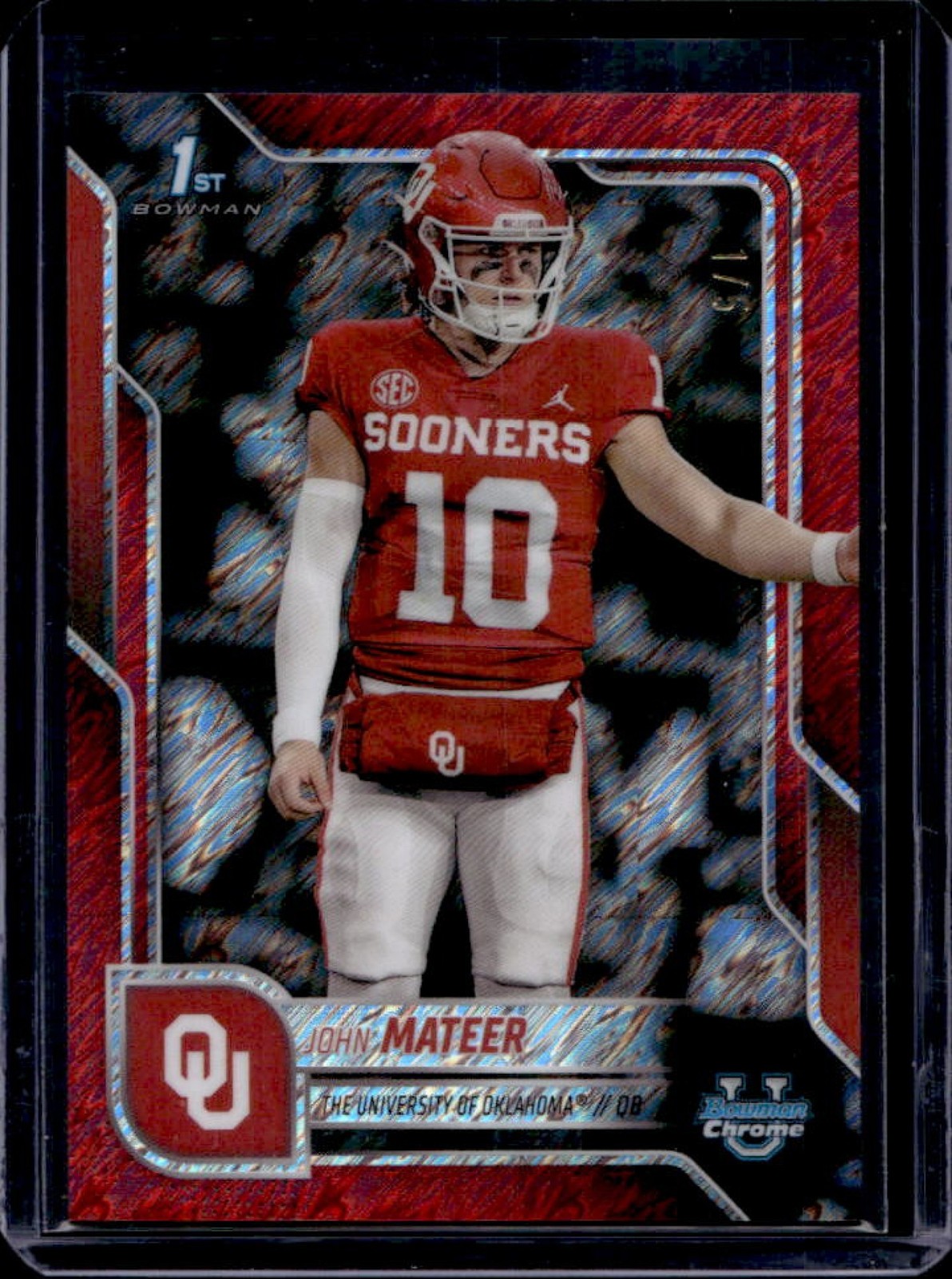 2025 Bowman Chrome University John Mateer Red Shimmer Refractor 1st #/5 Sooners