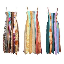 Indian 5 PC PC of Vintage Recycle Sari Silk Maxi Beach Sundress Boho Gypsp Dress