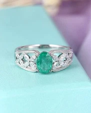 2.40 Ct Oval Cut Emerald & Moissanite Ring 14K White Gold Finish