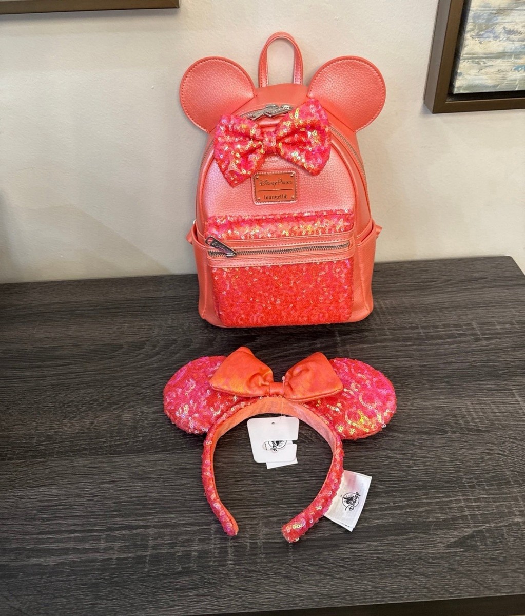 Coral Lounge fly bag with ears! Aulani - Loungefly Peach Paradise Sequin Plumeria Ear  main image 4