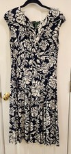Womens 12 Lauren Ralph Lauren Dress Navy Blue Floral V-Neck Cap Sleeve Stretch