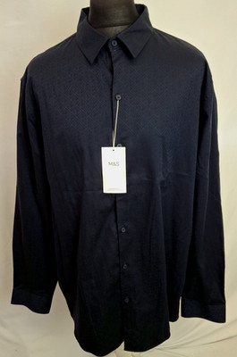 Marks & Spencer Patterned Cotton Long Sleeve Shirt Smart Casual Blue 3XL A382