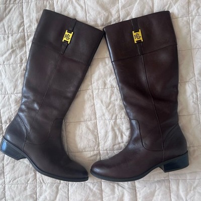 LRL Womens Maribel Brown Leather LRL Gold Monogram Riding Boots Equestrian - 8.5