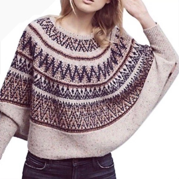 Anthropologie Sleeping On Snow Sweater Poncho Women Medium Beige Fair Isle Wool