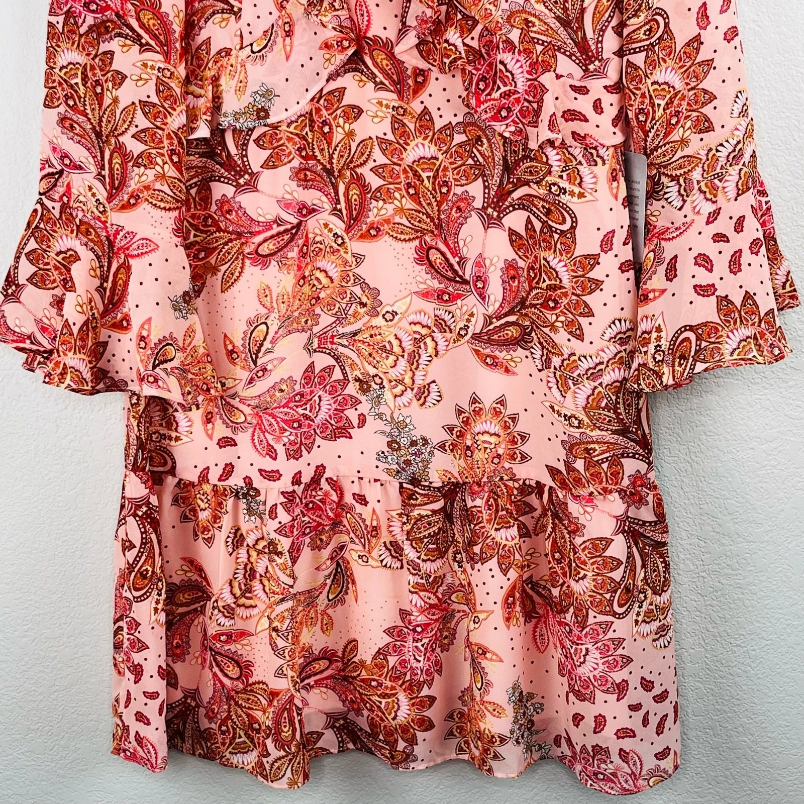 VETEMENTS Abito midi Julia Jordan balza arricciata manica a campana floreale paisley rosa 8 nuovo con etichette