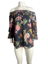 Lumiere Floral Off The Shoulder Blouse Womens XL Navy Blue Multicolor Florals