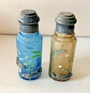 Antique Mt Washington Pairpoint Fish Pond Art Glass Salt Pepper Shakers c1905