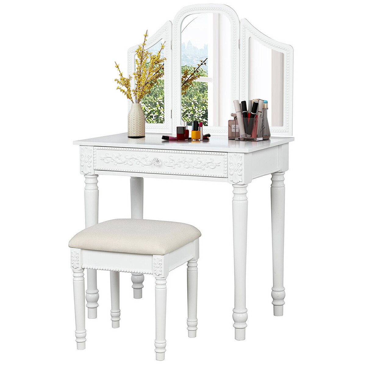 White Corner Vanity Table Set,Makeup Desk with Three-Fold Mirrors and 5 Drawers for Women Girls Modern Dressing Table Storage Cabinet for Bedroom White Corner Vanity Table Set,Makeup Desk with Three-Fold Mirrors and 5 Drawers for Women Girls Modern Dressing Table Storage Cabinet for Bedroom