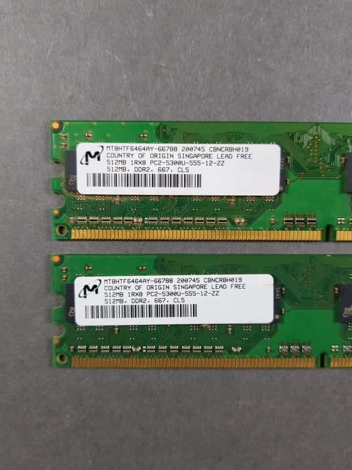 1 GB 2 x 512MB Micron PC2 5300 DDR DIMM Memory Stick Mt8htf6464ay S-667b8 - Image 2 of 4