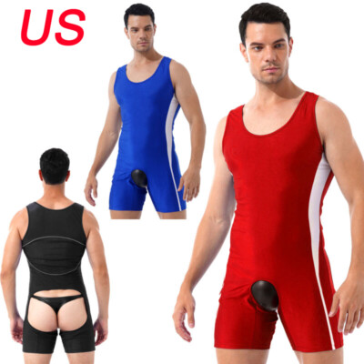 Mens One-Piece Bodysuit Open Butt Leotard Gay Wrestling Singlet Gym
