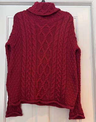 Inis Crafts Red 100% Merino Wool Fisherman Cable Knit Turtle Neck Sweater M EXC!