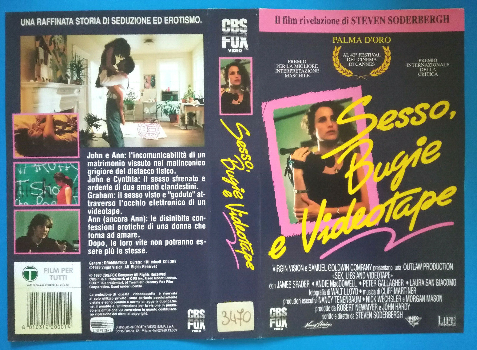 Solo Copertina Fascetta Sesso Bugie e Videotape andie macdowell  Per Vhs