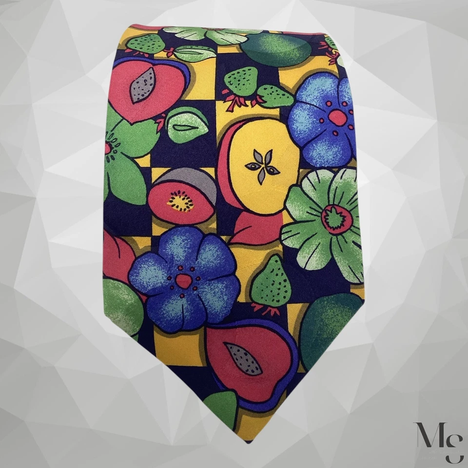 Corbata de seda multicolor KENZO PARIS flor y fruta hecha en Italia con: 4" EX ESTADO Foto 3 de 4