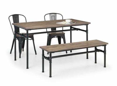 Solid Elm Top & Pipework Metal Design Dining Table & 2 Chairs + 1 Bench CARUSO - Picture 2 of 12