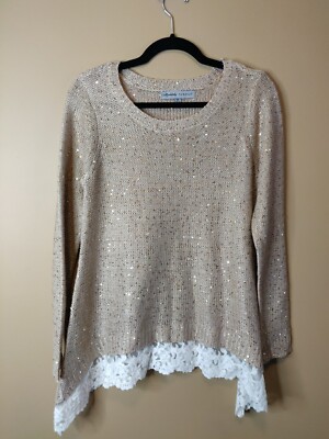 Absolutely Famous women's M sheer sweater tan sequined long sleeve lace bottom