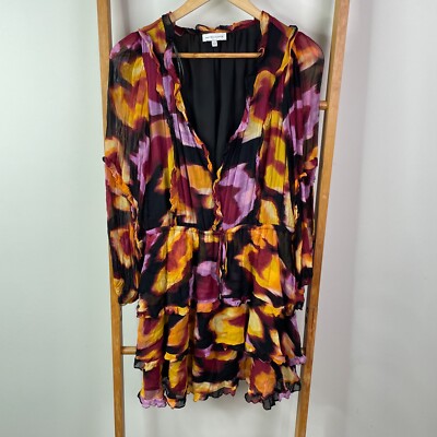 Wayne Cooper Mini Dress Womens 12 Multicolour Ruffle Trim Sheer Long Sleeve