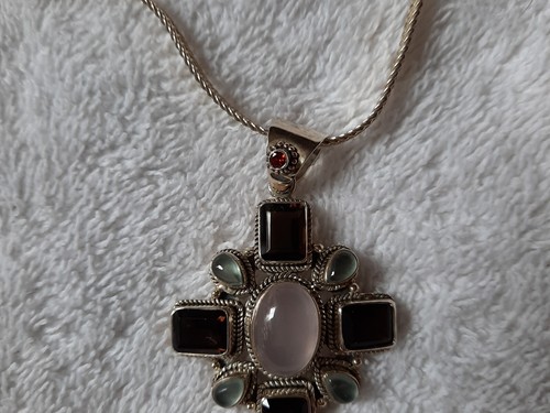 Jewelry Silver Pendants Necklaces Italy 925SI 20" Chain 2" Pendant. Stones - Picture 10 of 10