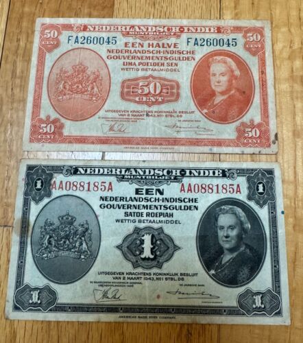 2 x Netherlands Indies 50 Cents P-110a and 1 Gulden P-111a notes from 1943