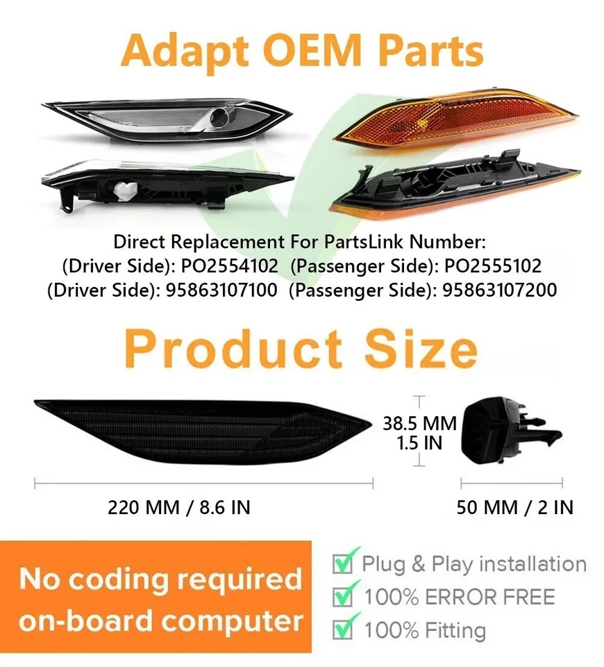 For Porsche Cayenne 958 92A 2011-2014 LED Side Marker Light Turn signal Lamp 2pc - Image 2 of 4