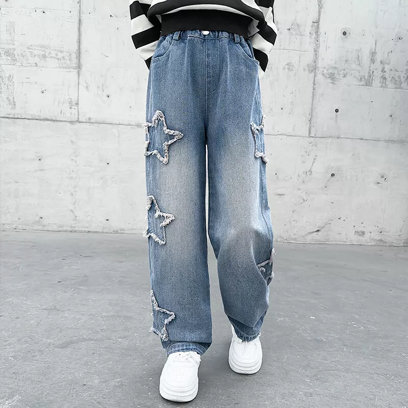 Kids Girls Denim Trousers Ripped Pants Jeans Pentagram Star Baggy Casual  Chic