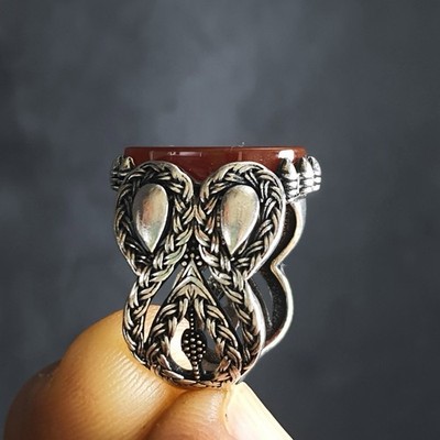MYPAT 925 Silver Men Ring Natural Yemeni Blood AQEEQ Signet Braided Filigree 8.5