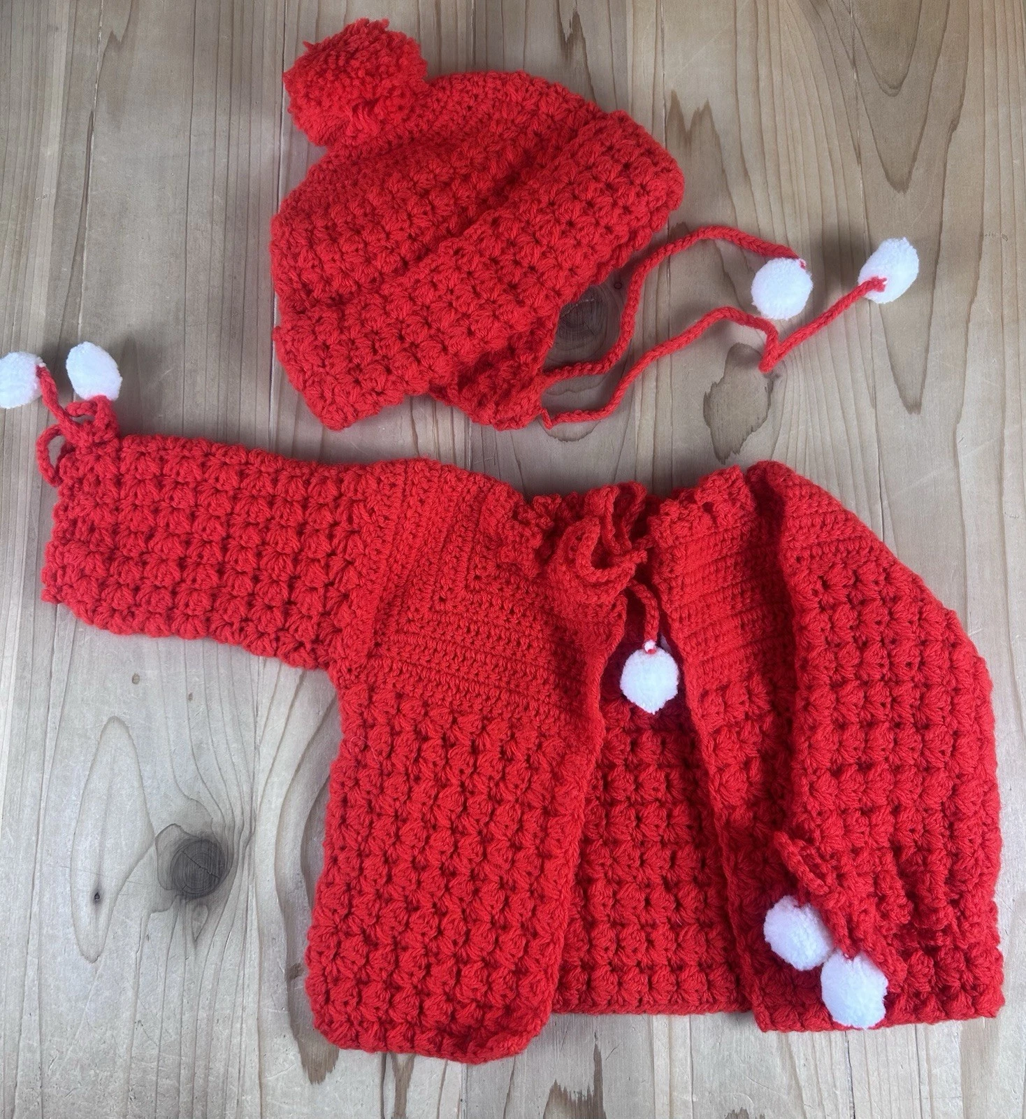 Handmade Knit Toddler Sweater Hat Set 12 Mo Red With White Poms Ruffle Collar