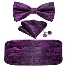 Men Cummerbund Bow Tie Set Silk Paisley Formal Pre Tied Pocket Square Wedding