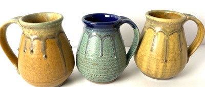 3 Handmade Pottery  Mugs 2 Beige & Green 1 Blue & Teal Artist Signed  Pre Owned