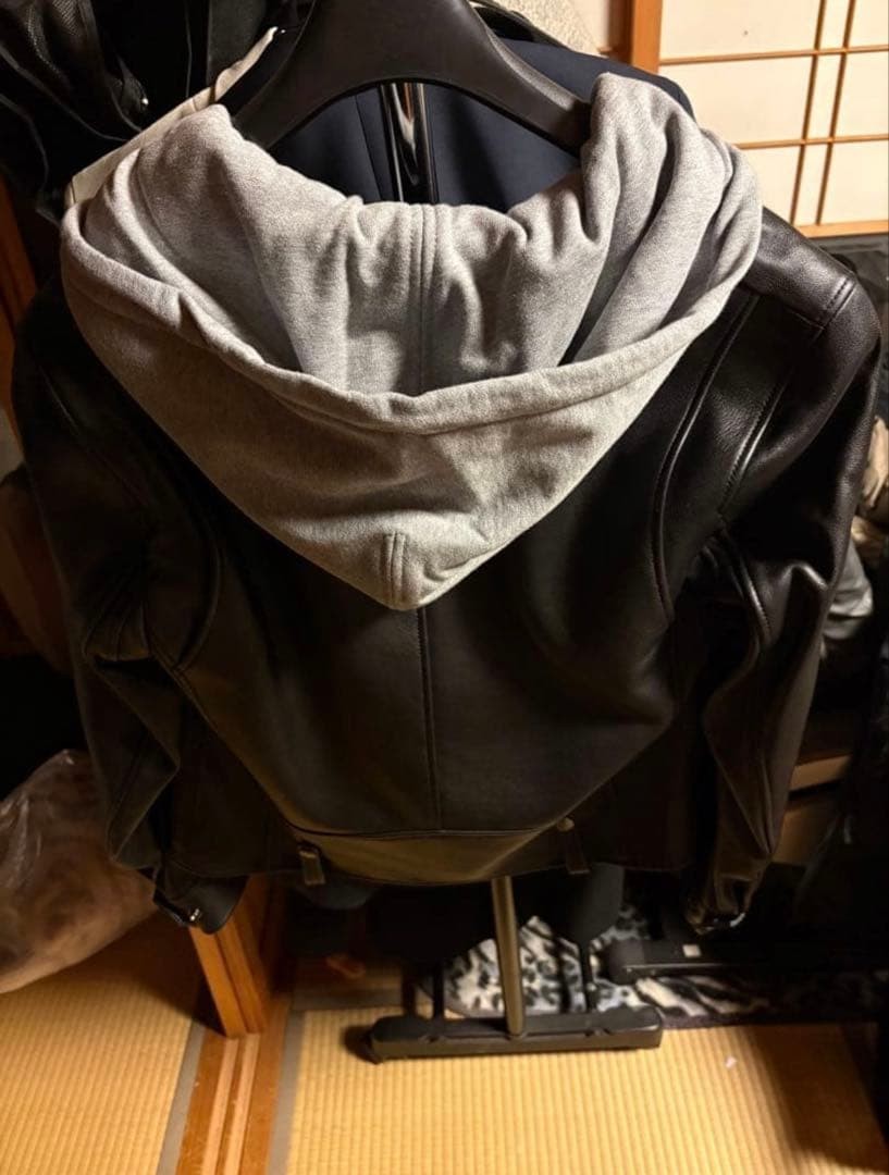 COACH Black Leather Rider Jacket with Gray Hood L Near Mint image 2