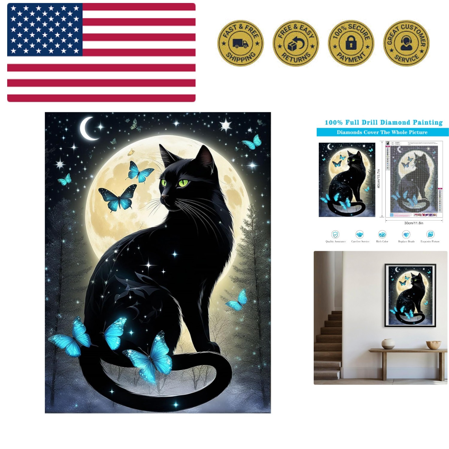 5D Black Cat Diamond Art Kits for Adult Beginners Moon Cat Diamond Painting K...