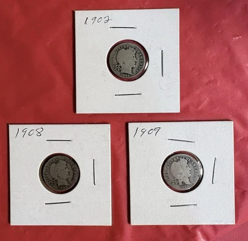 1902, 1908 & 1909 Barber Dime Collection, 90% Silver, Circulated