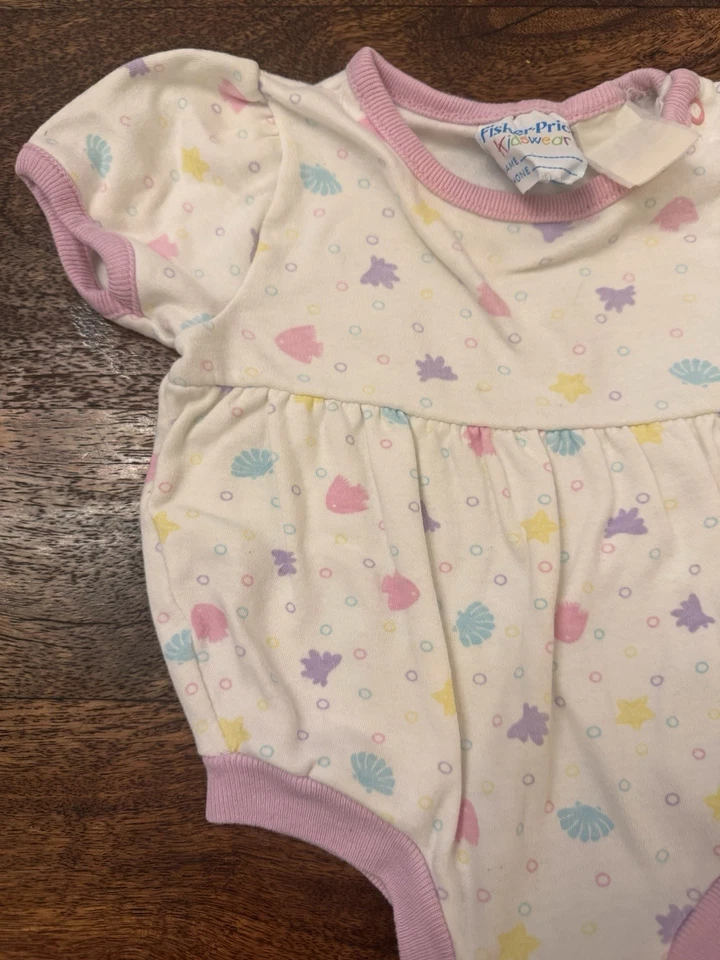 Mameluco vintage Fisher Price ropa para niños 12 meses corto Slv playa temático timbre Foto 3 de 4