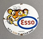 VINTAGE 12” 1957 ESSO TIGER PORCELAIN SIGN CAR GAS OIL TRUCK MOTORCYCLE
