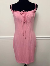Pink Ribbed Tie-Front Bodycon Mini Dress – Size Large