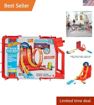 Track Builder Unlimited Toy Car Set with Fuel Can Stunt Box - 14 Parts Included
