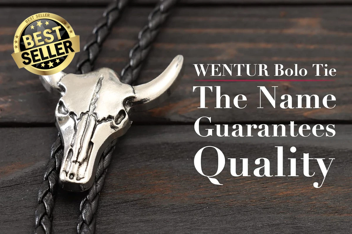 Western Vintage Bolo Tie for Men - Cow Skull Design Cowboy Tie - Black Leather B