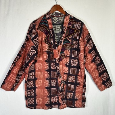 VTG Reversible Patchwork Kimono Jacket Boho Beaded Collar Art To Wear Open Front