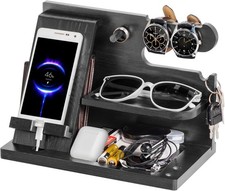 Wooden Phone Docking Station Bedside Organiser Desk Stand Gift for Men Black