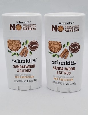2 pack Schmidt's Sandalwood & Citrus Natural Deodorant 2.65 oz each
