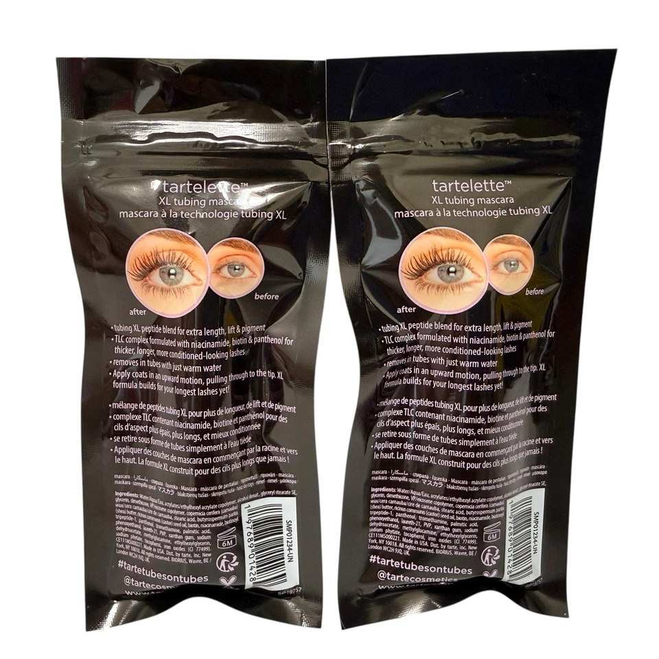 Máscara de pestañas Tarte Tartelette XL negra 0,067 oz cada x2 mini de viaje nueva sellada Foto 3 de 3