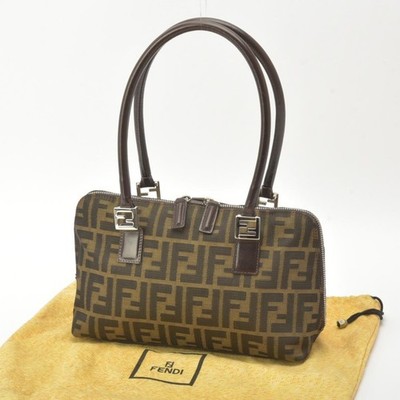 Fendi Zuca Handbag Jacquard Leather Brown Used